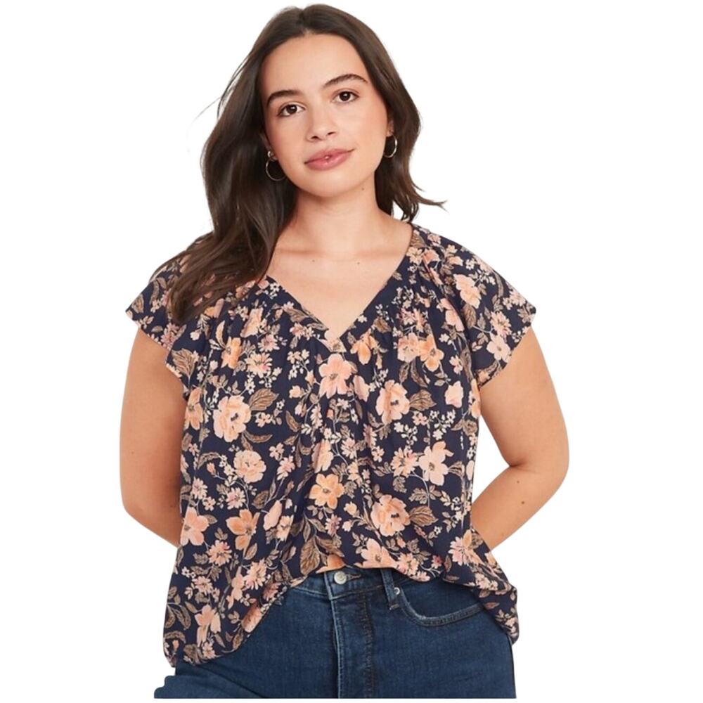 Old Navy Navy Floral Flutter V-Neck Blouse